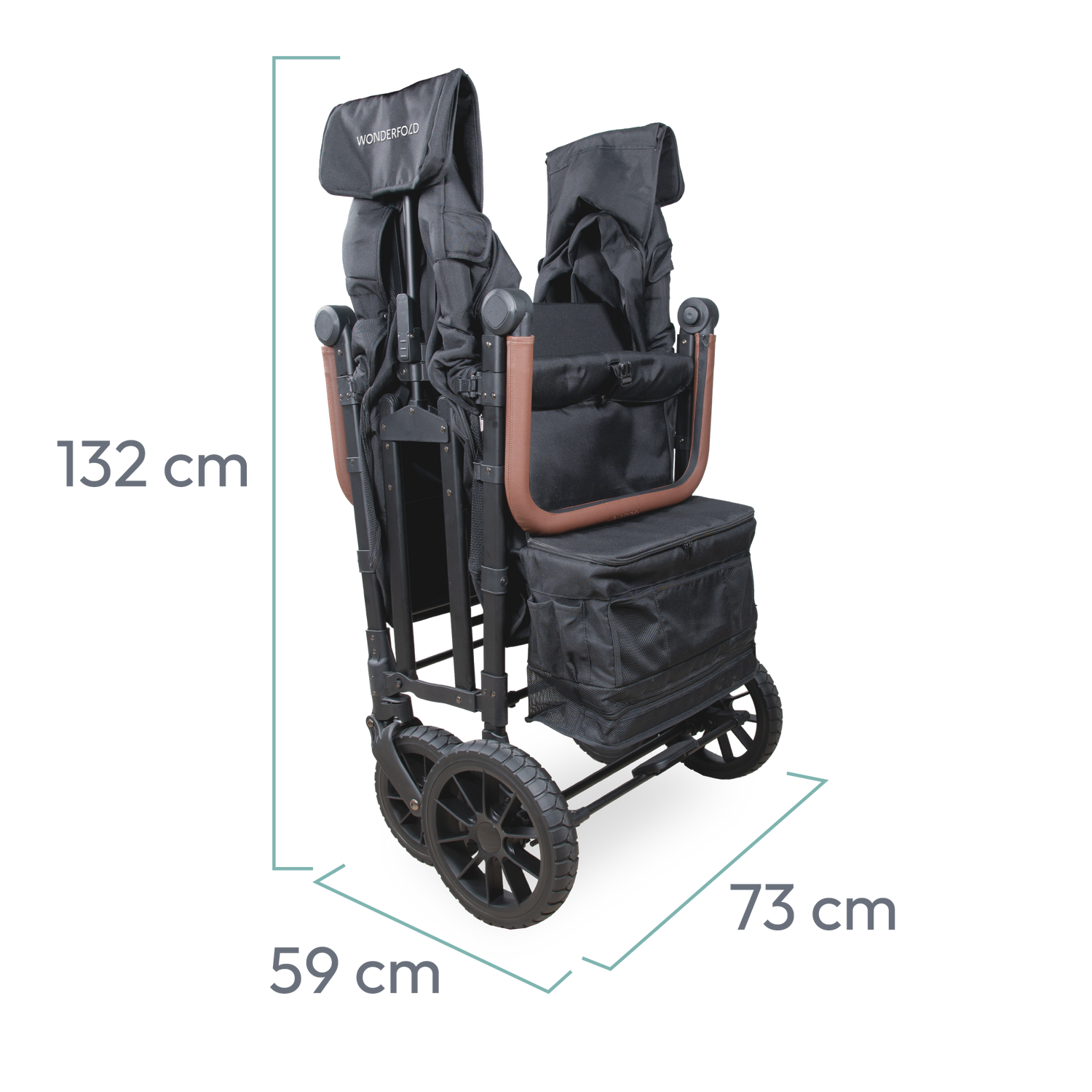 Various views of WonderFold W6 wagon showing folded, open, and side dimensions