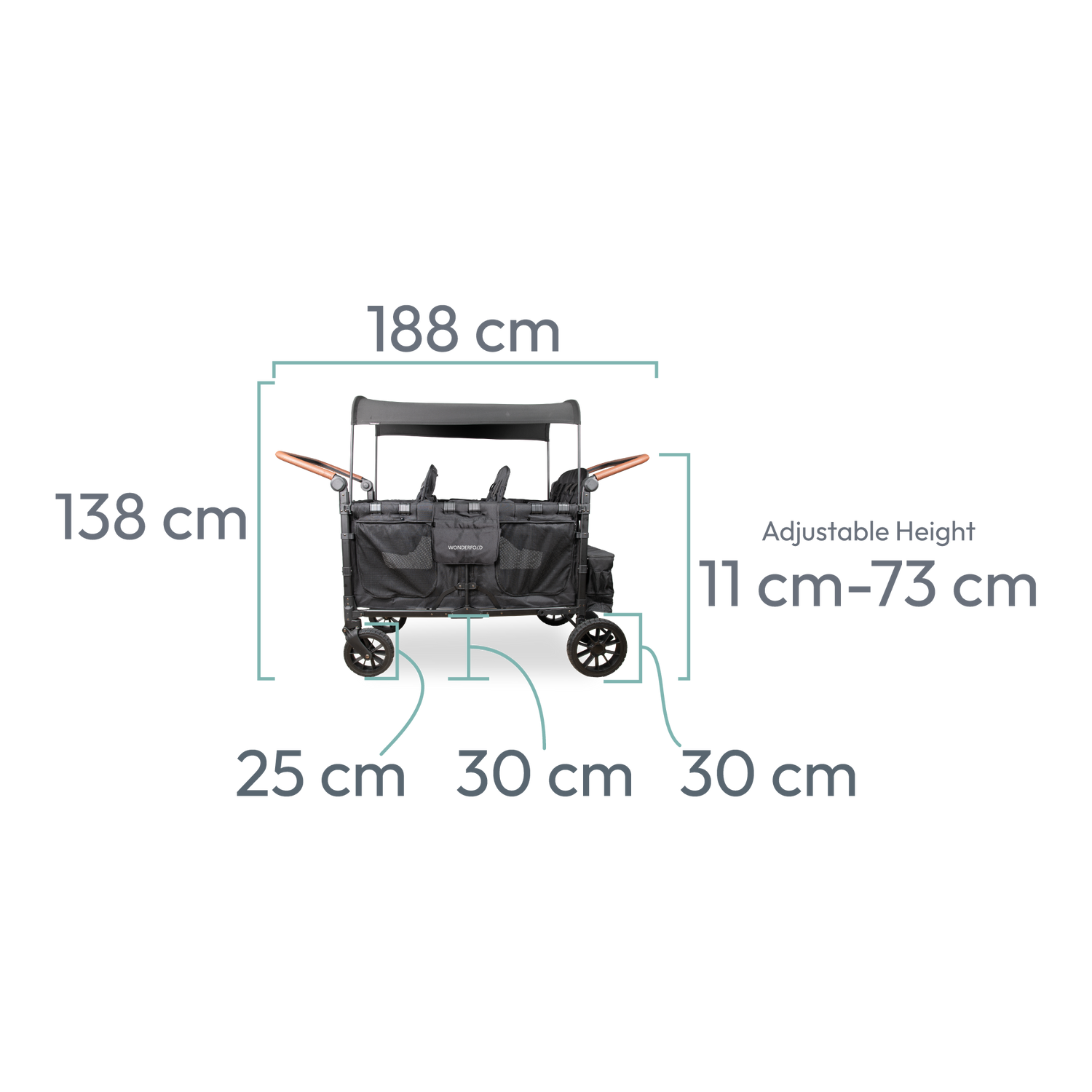 Side view of WonderFold W6 wagon showing overall dimensions and wheel sizes